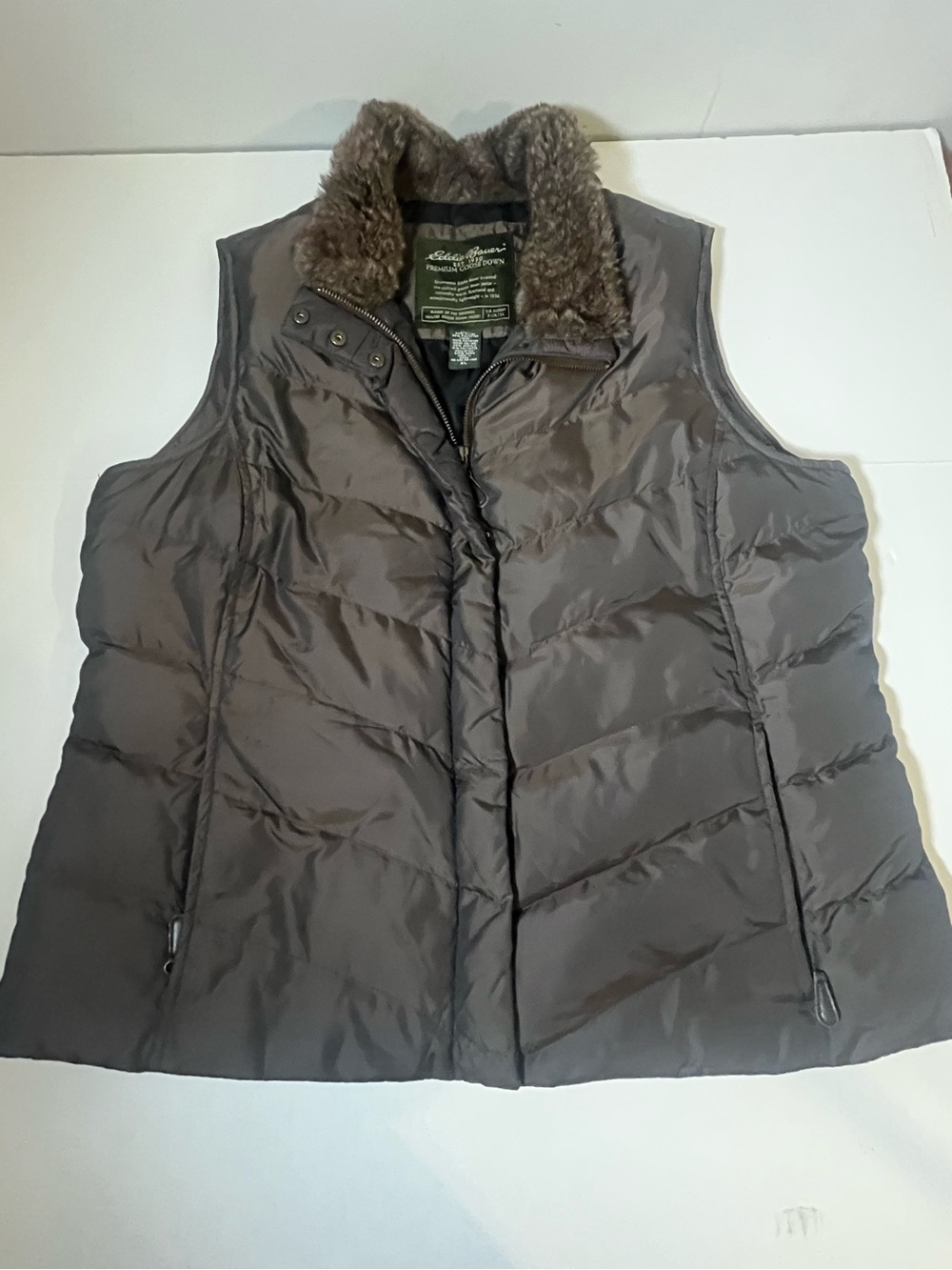 Eddie Bauer Quilted Puffer Goose Down Vest with Faux Fur Collar - Brown
